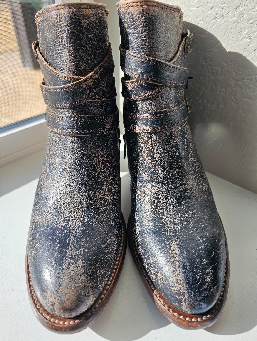 Bed|Stu Distressed Black Brown Leather Ankle Boots With Buckle Straps — image 3 of 8